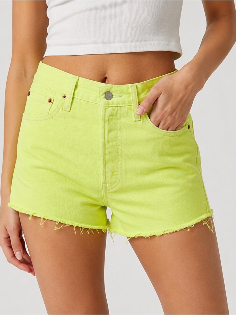 Levi’s 501 Shorts size 26 Neon Lime Green Button Fly Cutoff Denim High Rise